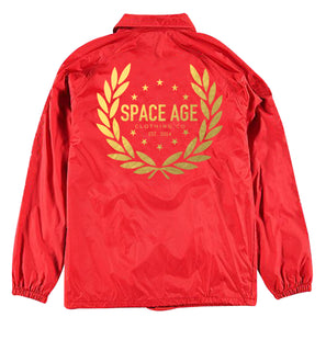 Gold Foil on Red Coaches Jacket